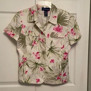EVAN-Picone Petite Linen Blend Lined Button Down Blouse Tropical Floral Size 10P